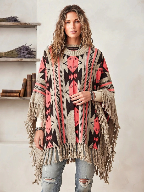 Soho Apparel Sweaters - Soho Apparel Neon Southwest Geometric Knit Poncho Size M